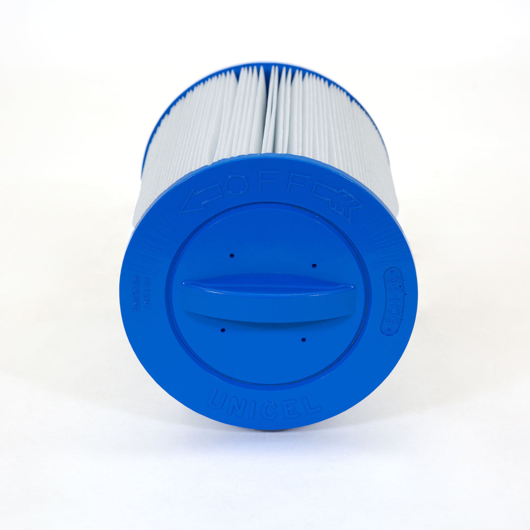 cylindrical replacement filter cartridge with pleated white material and bright blue plastic end caps on white background
