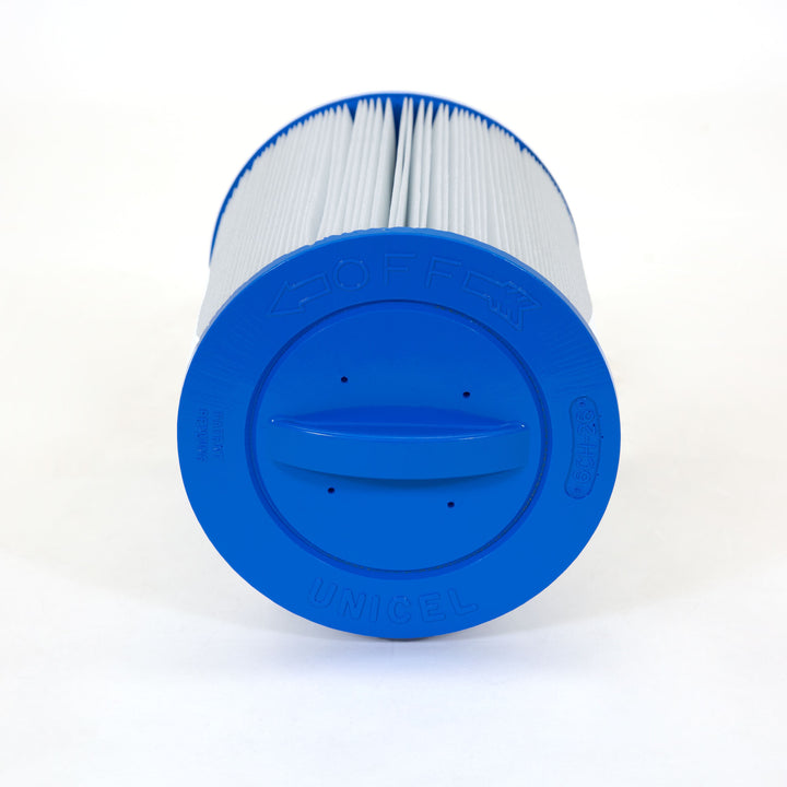cylindrical replacement filter cartridge with pleated white material and bright blue plastic end caps on white background