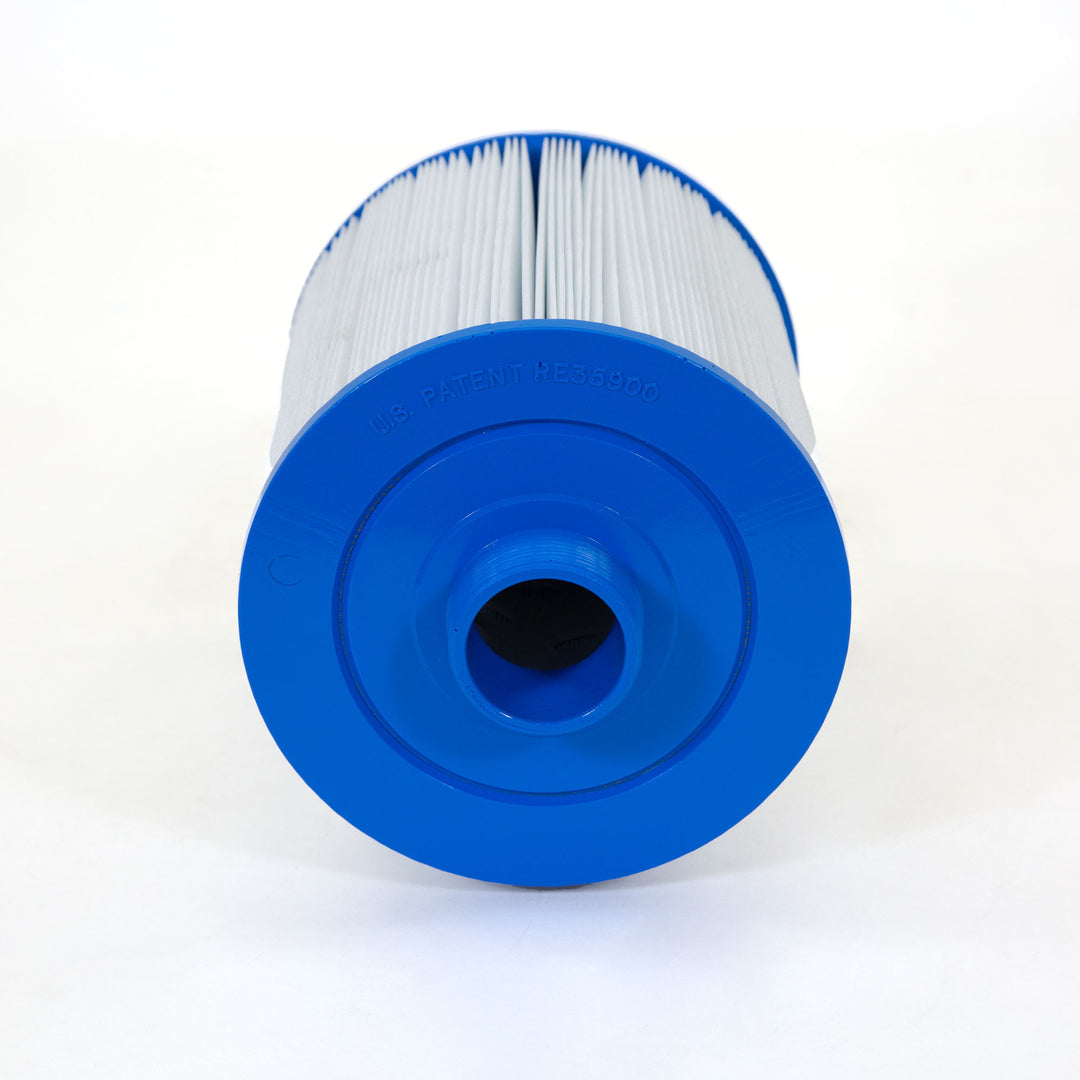 cylindrical pool filter cartridge with blue end caps and white pleated filter material inside
