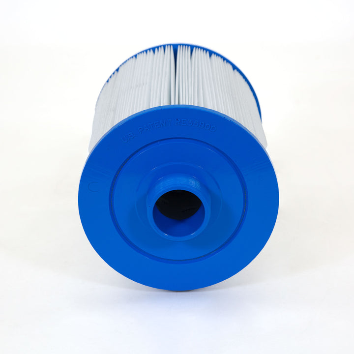 cylindrical pool filter cartridge with blue end caps and white pleated filter material inside