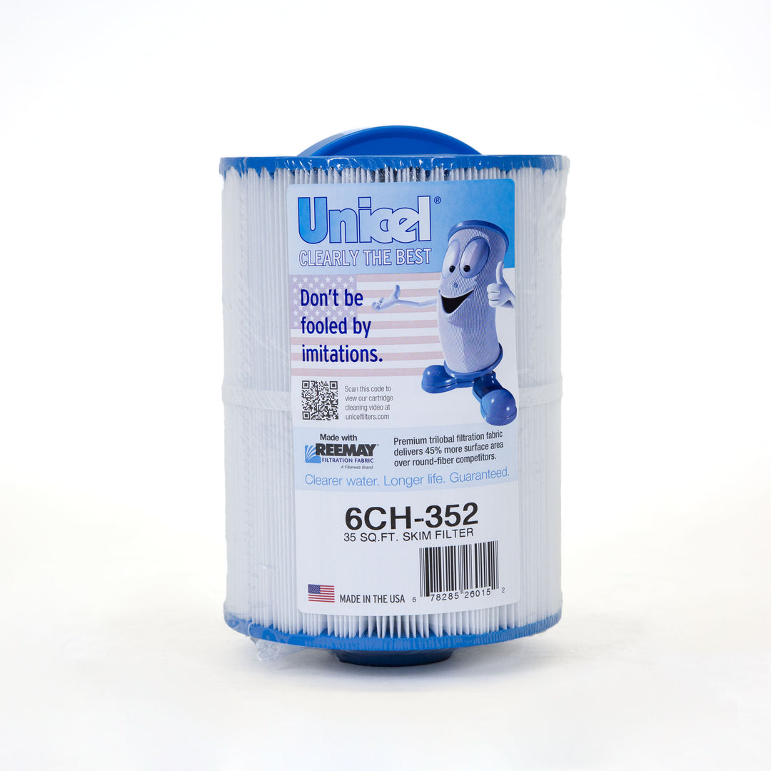 cylindrical spa filter cartridge with white pleated fabric and blue plastic end caps featuring Unicel branding and product details label