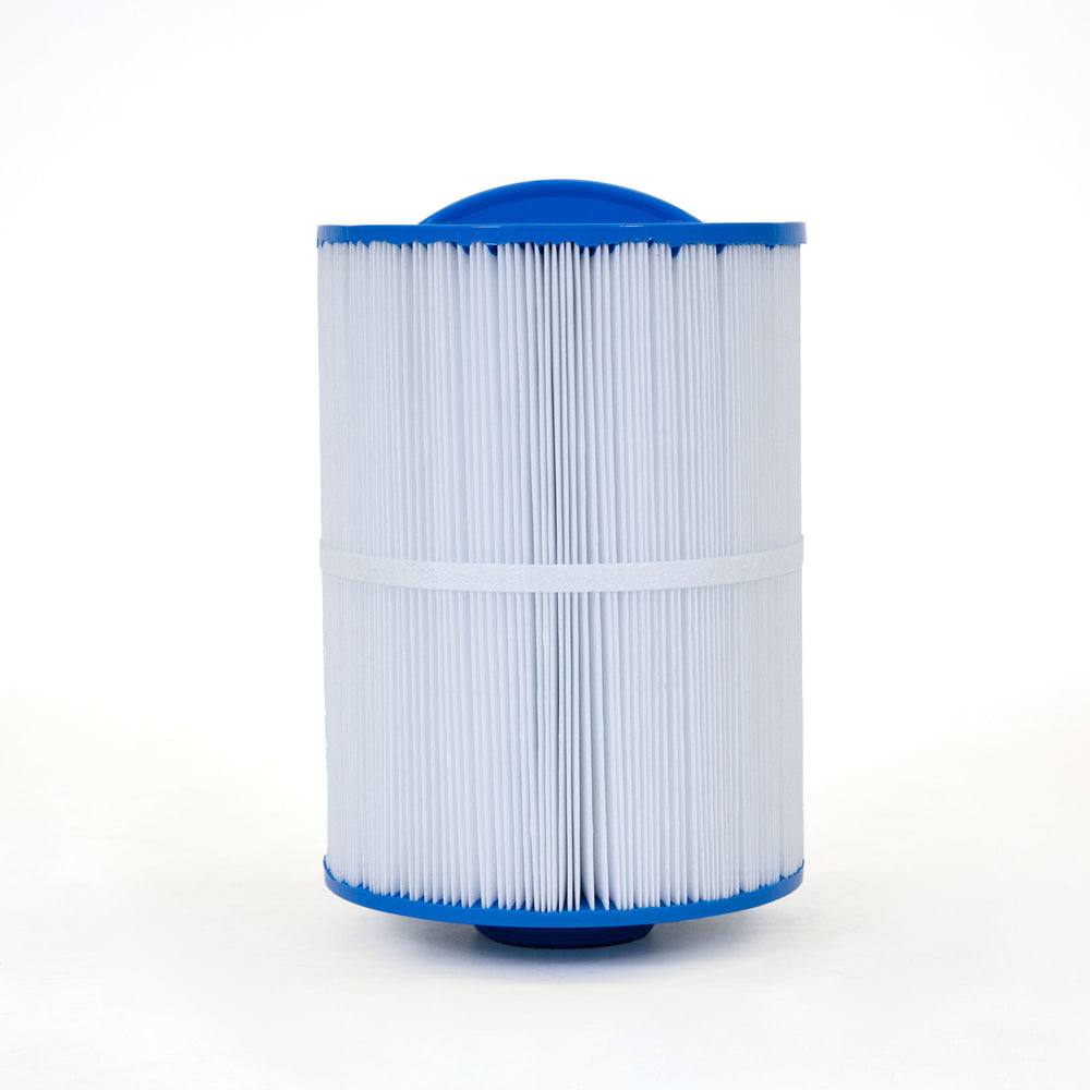 Cylindrical spa replacement filter cartridge with white pleated fabric and blue plastic ends on neutral background