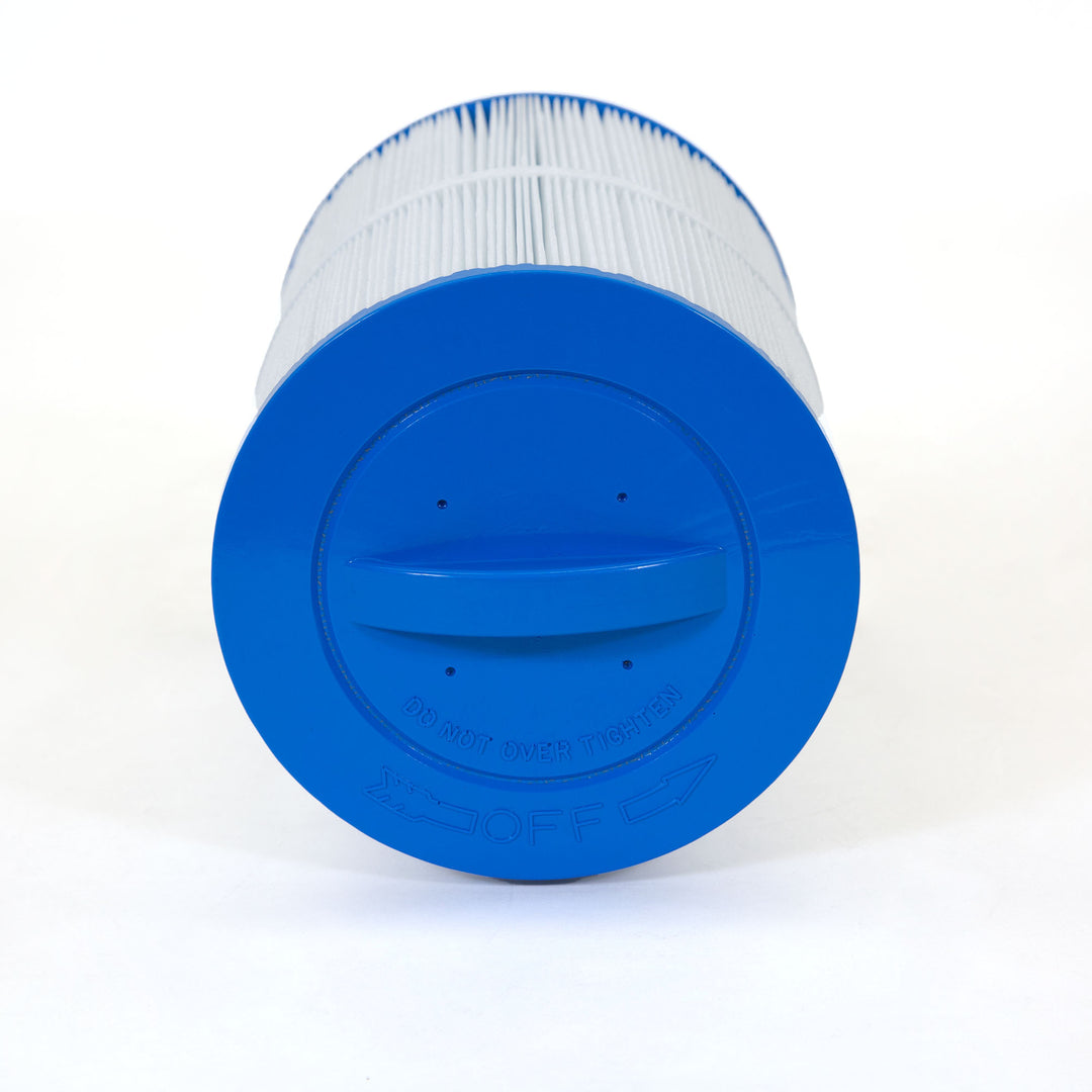 cylindrical spa filter cartridge with white pleated material and blue plastic end cap with handle and embossed instructions