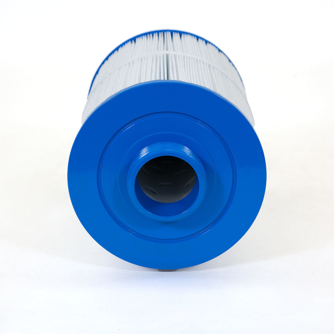 Replacement spa filter cartridge with white pleated material and blue plastic rim and center opening