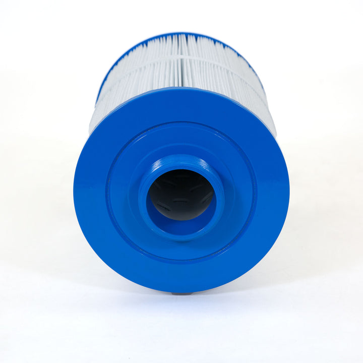 Replacement spa filter cartridge with white pleated material and blue plastic rim and center opening