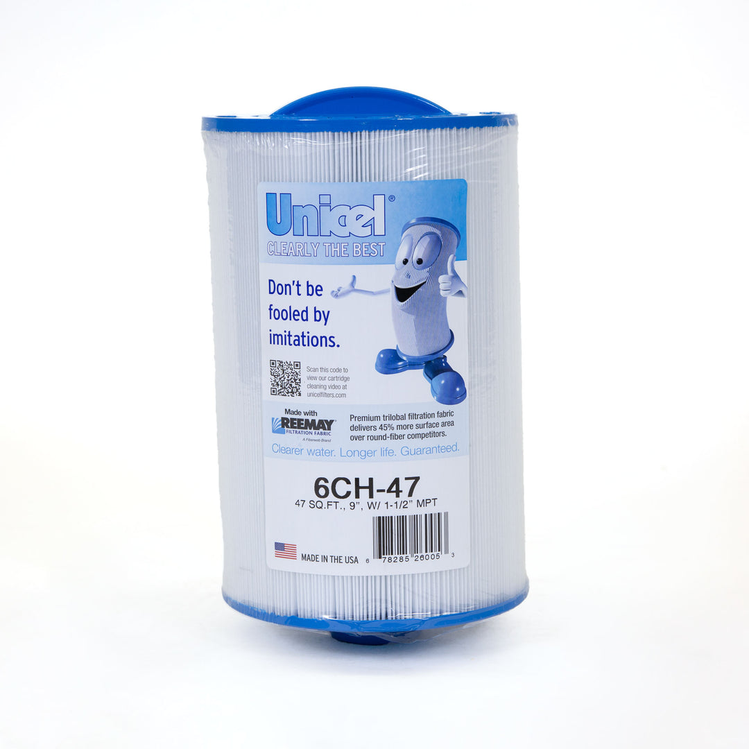 cylindrical spa filter cartridge with pleated white material and blue end caps featuring printed label and cartoon character