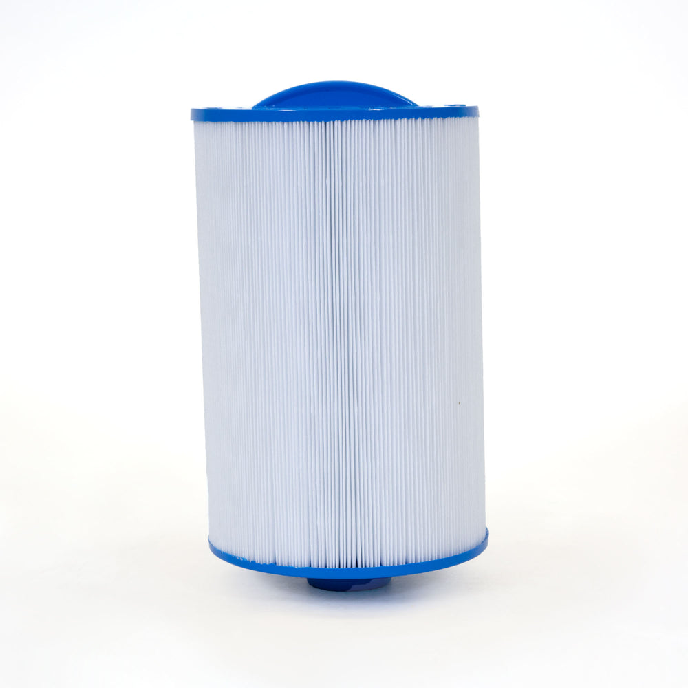 cylindrical spa filter cartridge with white pleated material and blue plastic end caps standing upright