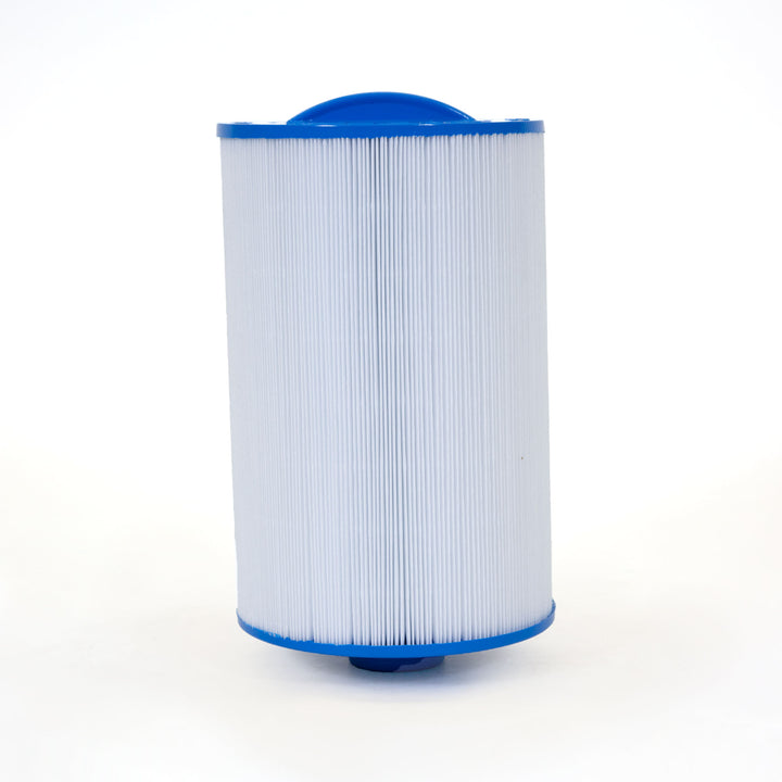cylindrical spa filter cartridge with white pleated material and blue plastic end caps standing upright