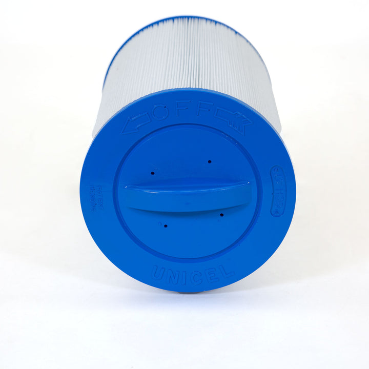 cylindrical spa filter cartridge with white pleated material and blue plastic end cap showing a handle and embossed text
