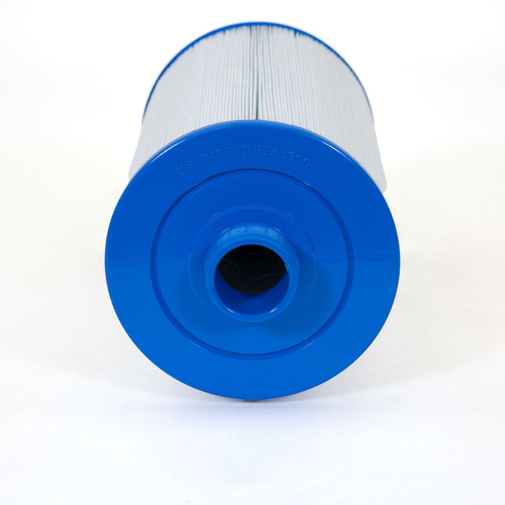 Replacement spa filter cartridge with blue plastic end caps and white pleated cylindrical filter media