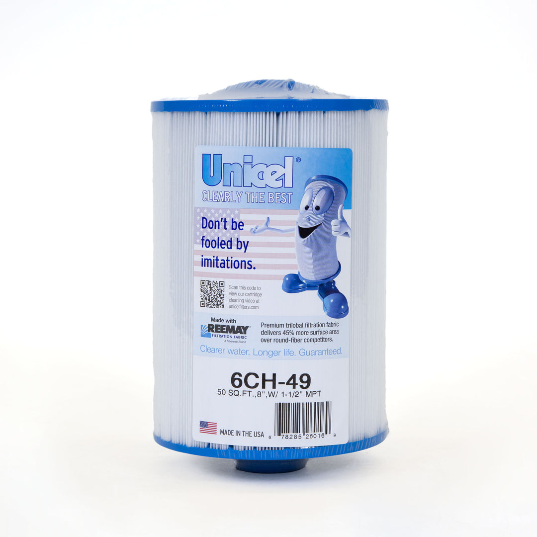 cylindrical spa filter cartridge with pleated white filtration fabric and blue plastic end caps with label