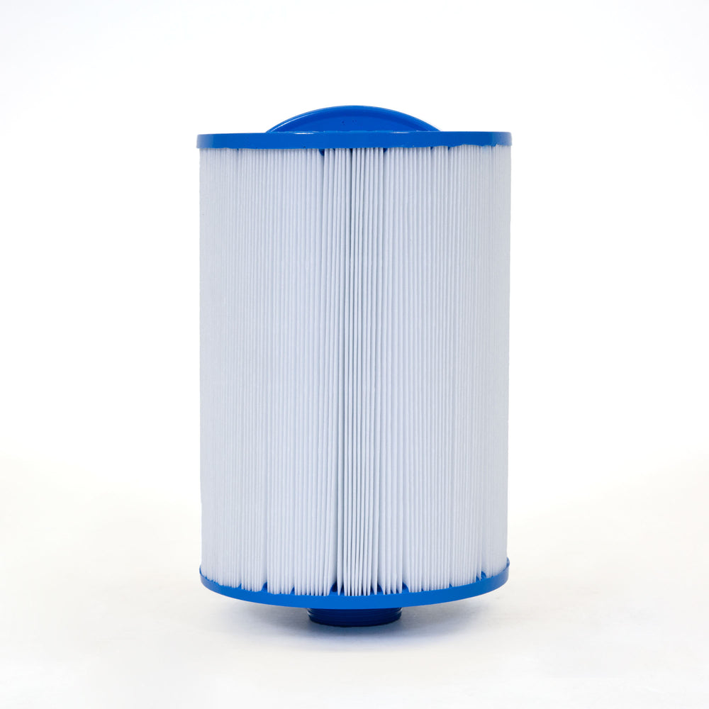 cylindrical spa filter cartridge with blue plastic end caps and white pleated filter material
