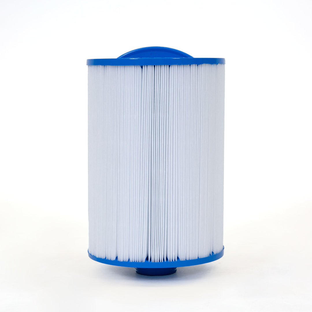 cylindrical spa filter cartridge with blue plastic end caps and white pleated filter material