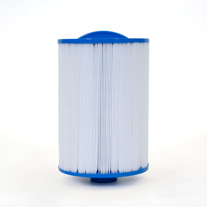 cylindrical spa filter cartridge with blue plastic end caps and white pleated filter material