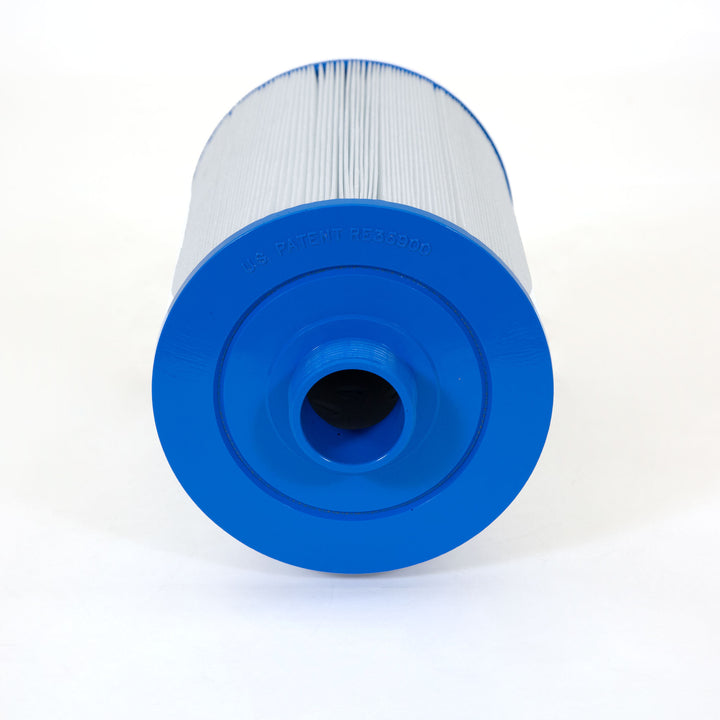 cylindrical spa filter cartridge with pleated white filter material and blue plastic end cap with central hole