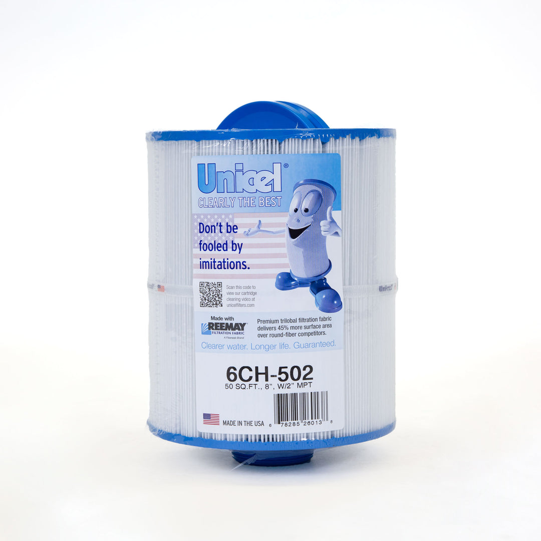white cylindrical pool filter cartridge with blue end caps and a blue label featuring brand and usage information