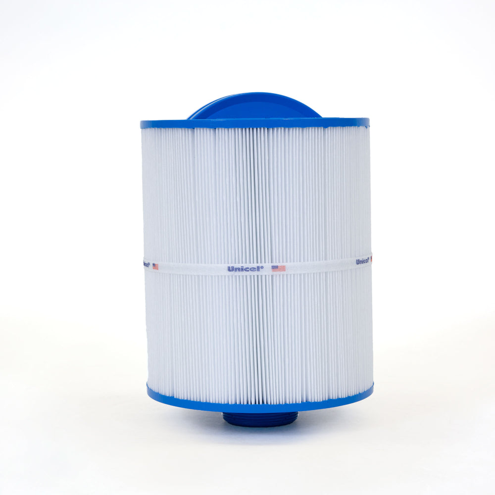 white cylindrical replacement filter cartridge with blue plastic end caps and pleated surface standing upright on white background