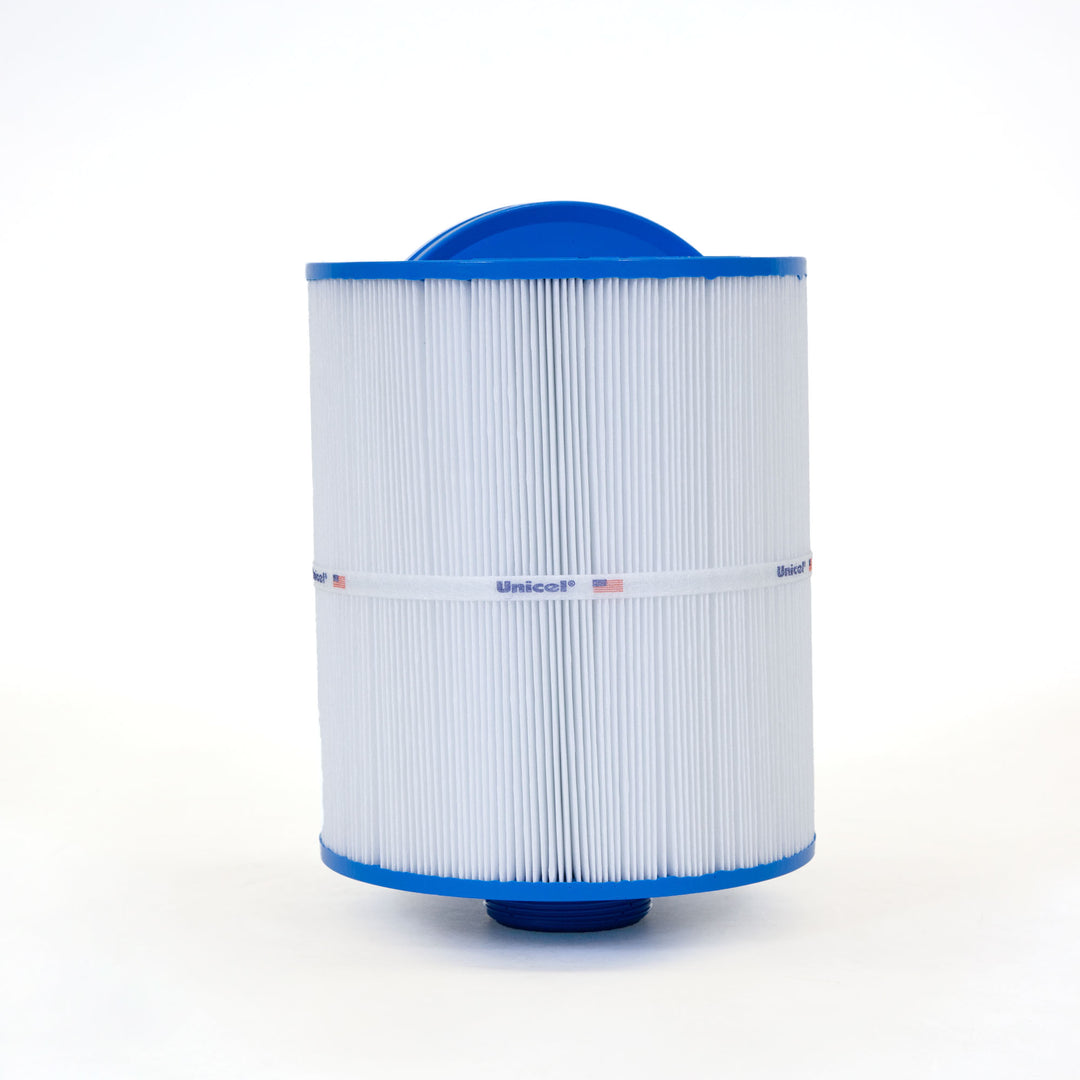 white cylindrical replacement filter cartridge with blue plastic end caps and pleated surface standing upright on white background
