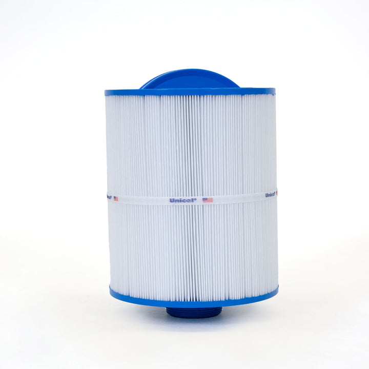 white cylindrical replacement filter cartridge with blue plastic end caps and pleated surface standing upright on white background