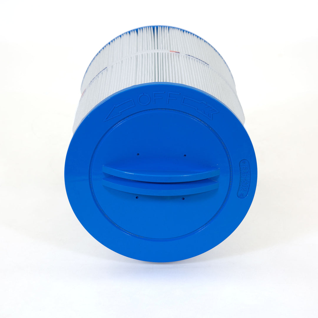 cylindrical pool filter cartridge with white pleated material and blue plastic end cap with handle and arrow markings