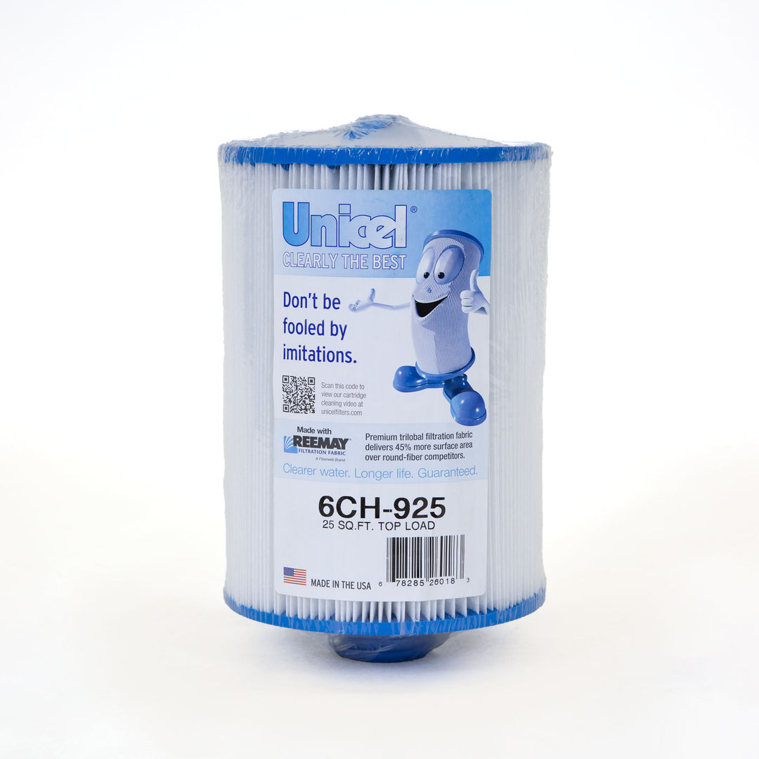 Cylindrical pool and spa filter cartridge with blue top and bottom edges and a label featuring a cartoon filter character and text