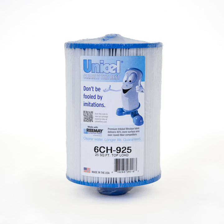 Cylindrical pool and spa filter cartridge with blue top and bottom edges and a label featuring a cartoon filter character and text