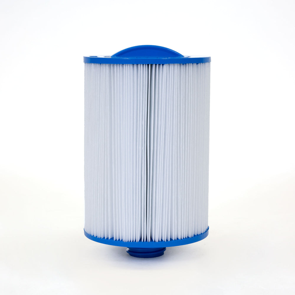 cylindrical pool and spa filter cartridge with pleated white material and blue plastic top and bottom with handle