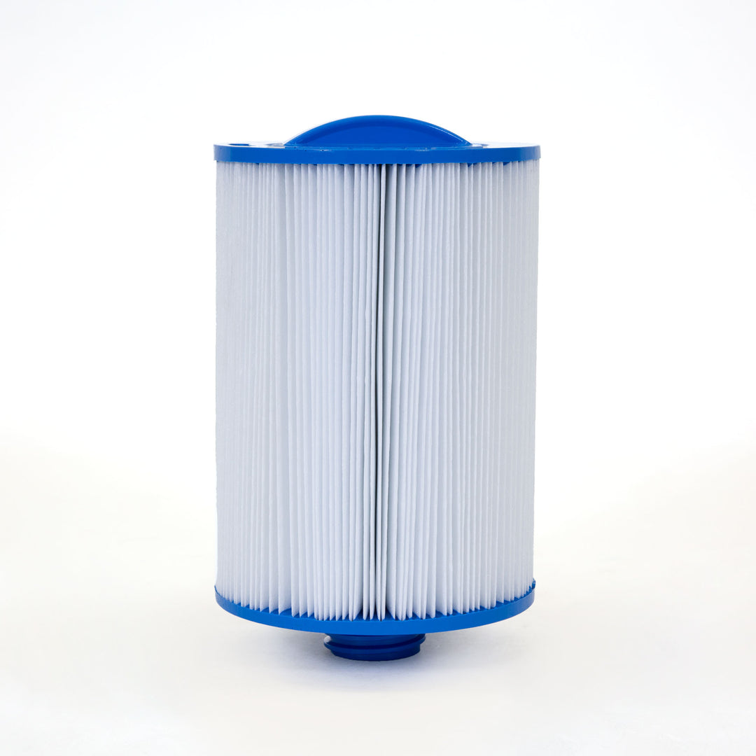 cylindrical pool and spa filter cartridge with pleated white material and blue plastic top and bottom with handle