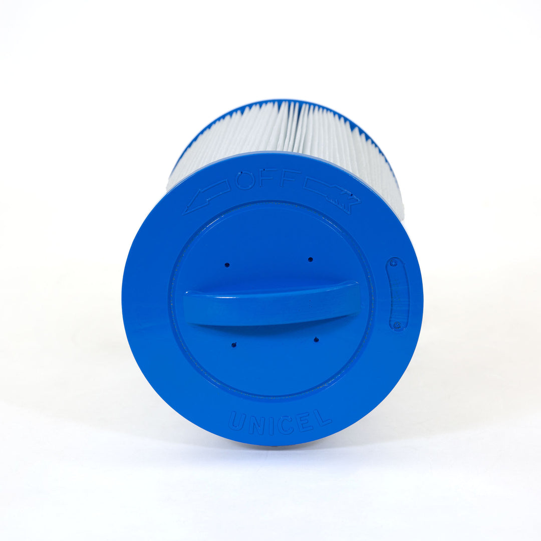cylindrical pool filter cartridge with white pleated material and blue plastic end caps featuring a semi-circular handle