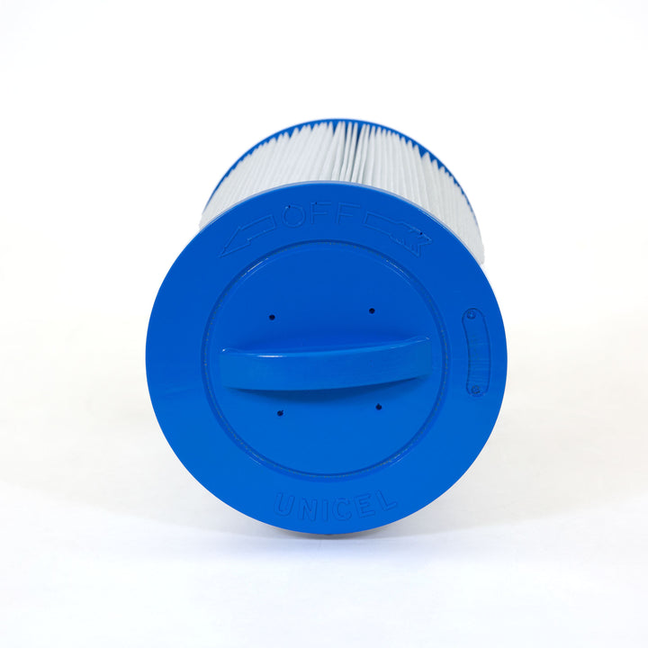 cylindrical pool filter cartridge with white pleated material and blue plastic end caps featuring a semi-circular handle