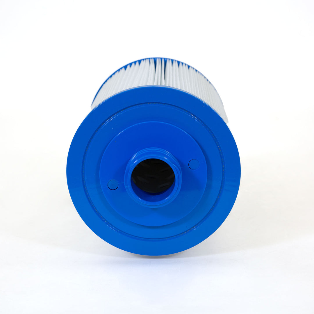 Blue cylindrical pool and spa filter cartridge with pleated white filtering material and a central hollow opening