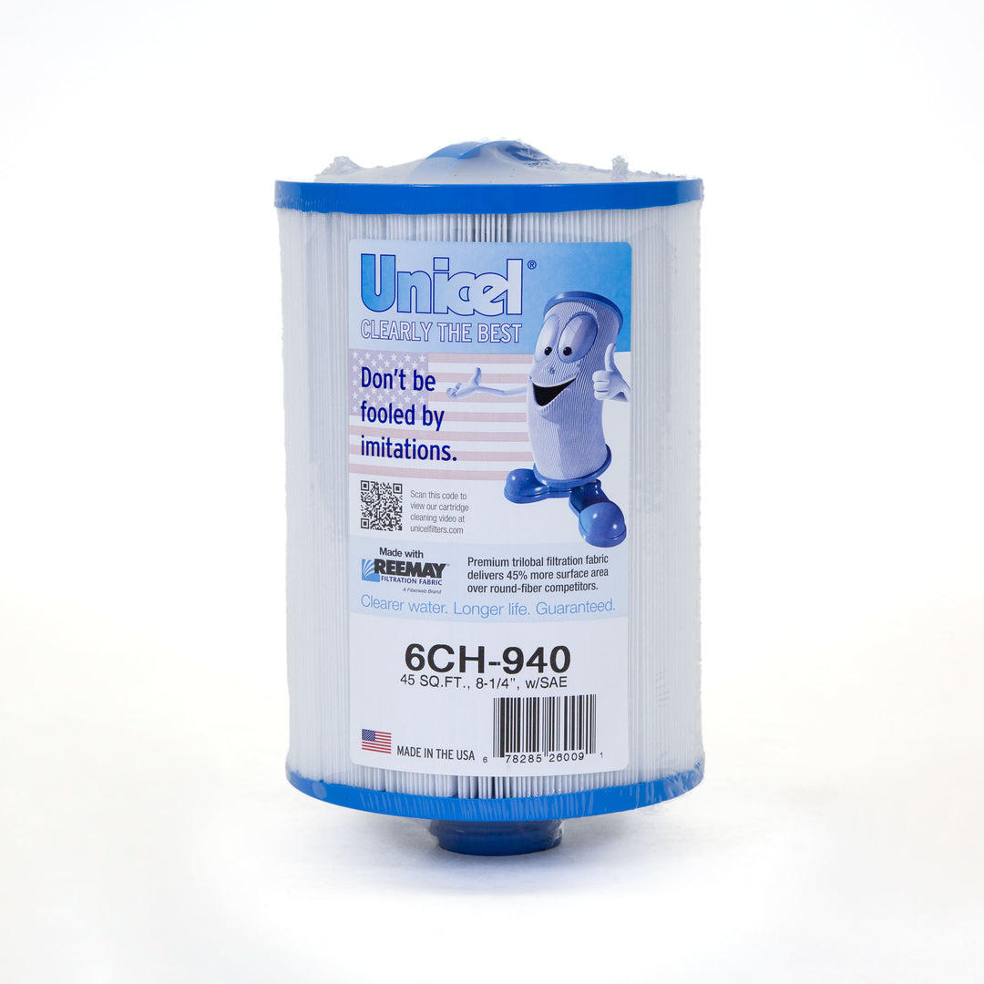 cylindrical white pool and spa filter cartridge with blue top and bottom edges and printed label featuring a cartoon character