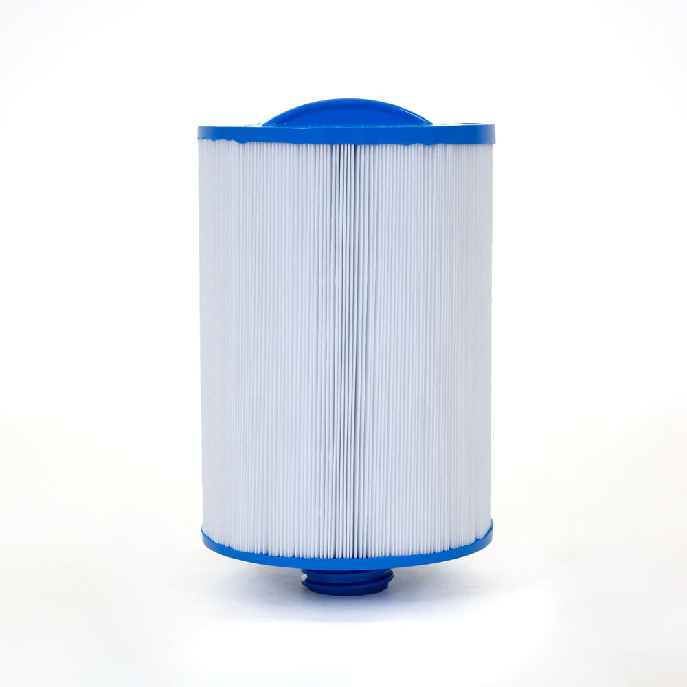Cylindrical pool filter cartridge with blue plastic top and bottom and white pleated filtering material