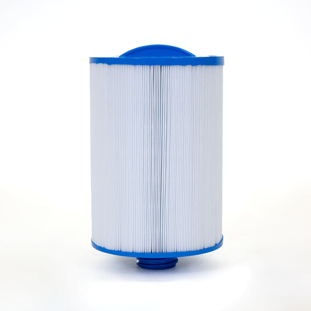 Cylindrical pool filter cartridge with blue plastic top and bottom and white pleated filtering material