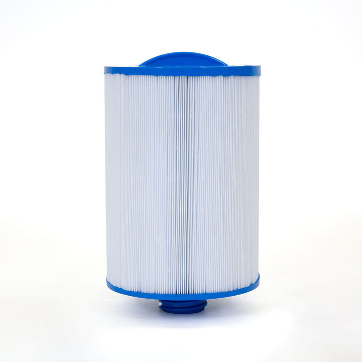 Cylindrical pool filter cartridge with blue plastic top and bottom and white pleated filtering material