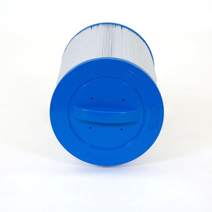cylindrical pool filter cartridge with white pleated material and blue plastic caps on each end with handle on one side