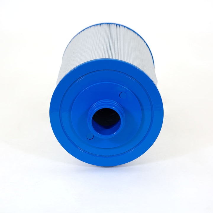cylindrical pool filter cartridge with blue plastic end caps and white pleated filtering material