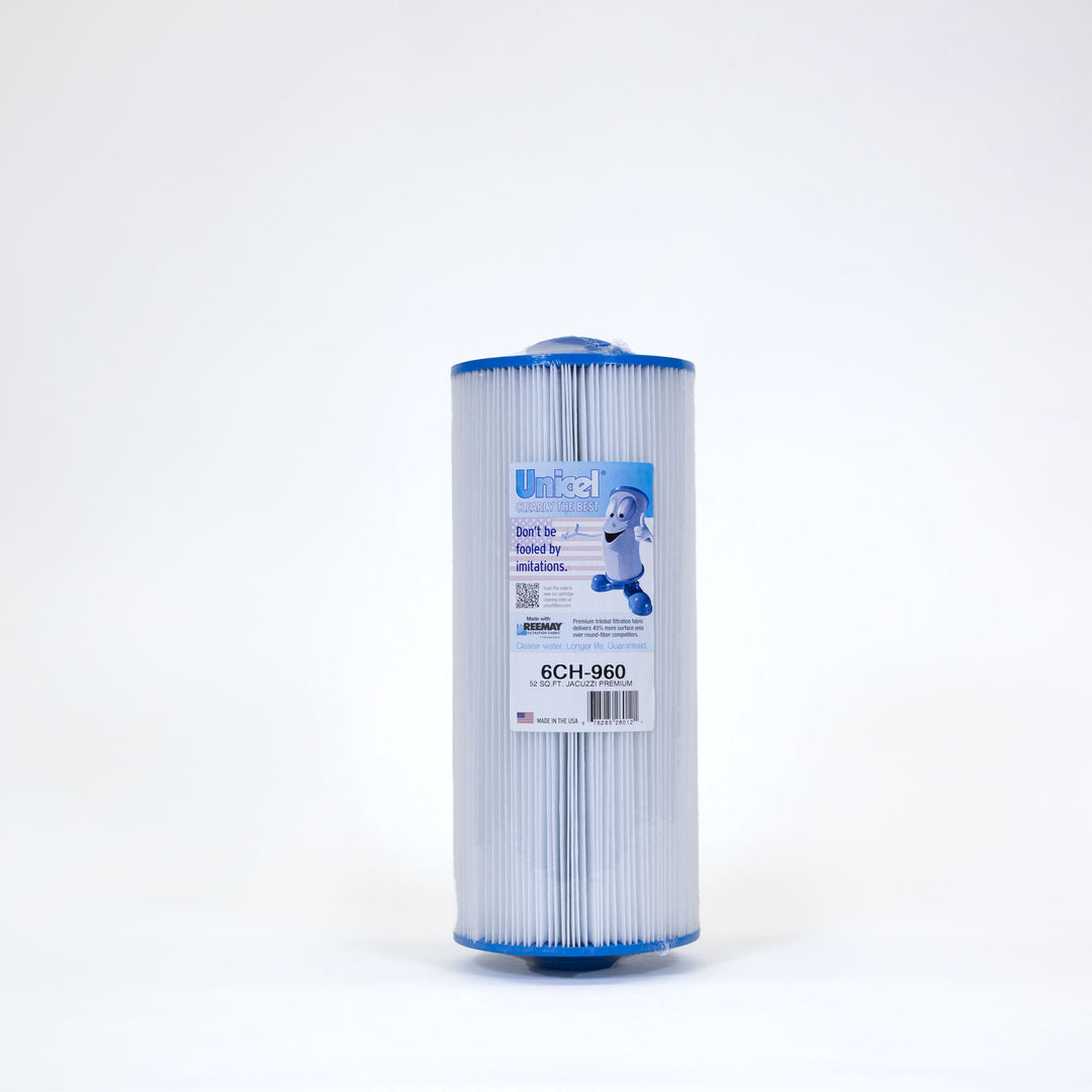 cylindrical pool filter cartridge with blue end caps and a label featuring a smiling cartoon filter character on a white background