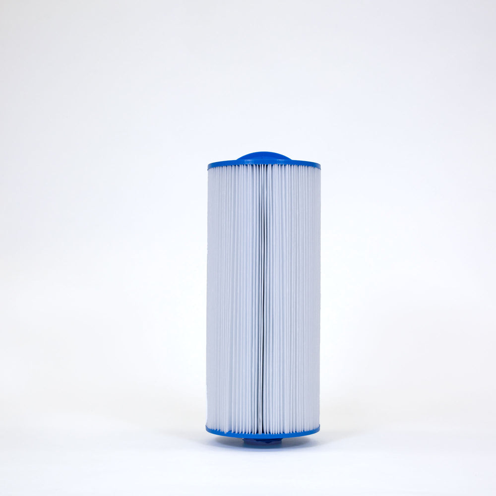 cylindrical pool filter cartridge with white pleated material and blue capped ends on a plain white background