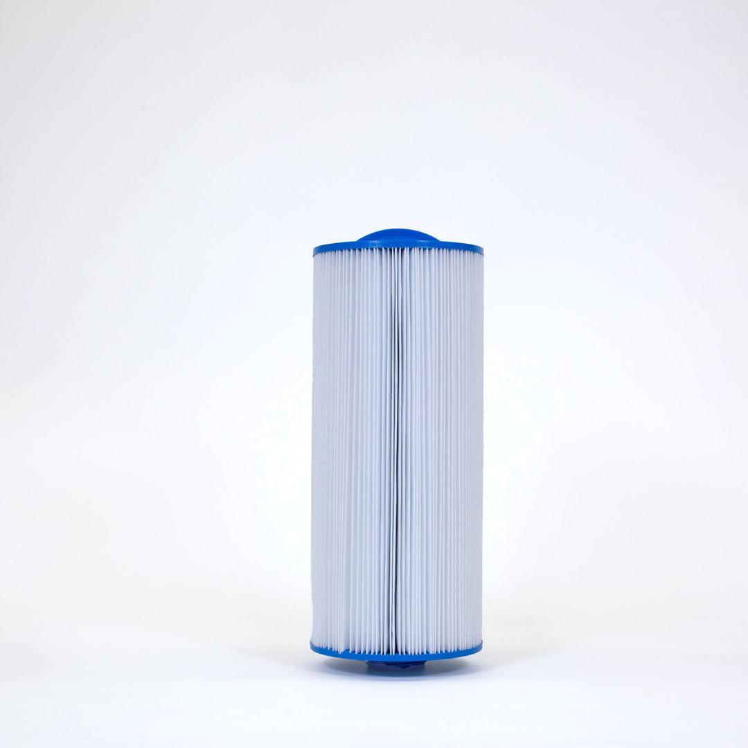 cylindrical pool filter cartridge with white pleated material and blue capped ends on a plain white background