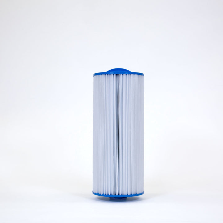 cylindrical pool filter cartridge with white pleated material and blue capped ends on a plain white background