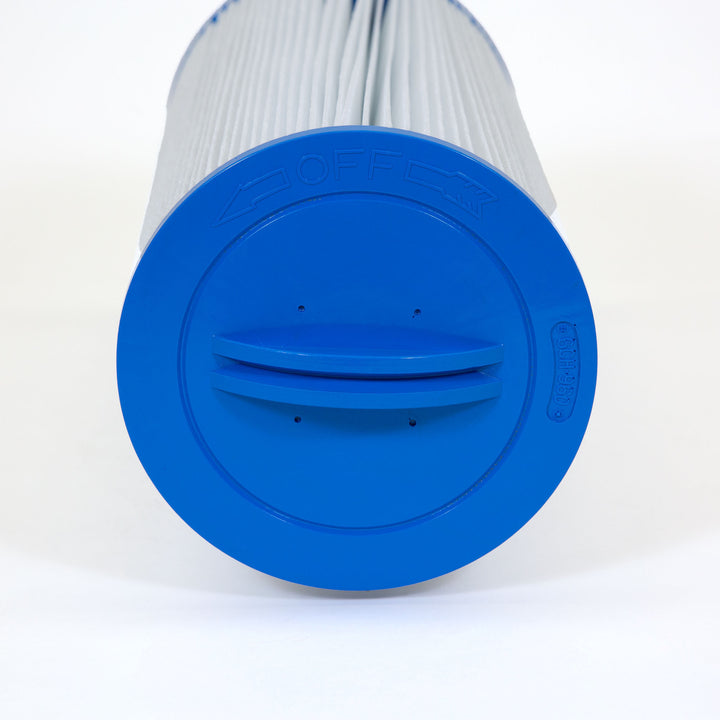 A cylindrical pool filter cartridge with a blue plastic top featuring a handle and embossed instructions surrounded by white pleated filter material