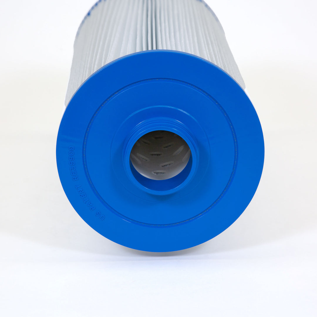 Cylindrical pool filter cartridge with a blue plastic end cap and white pleated filter material