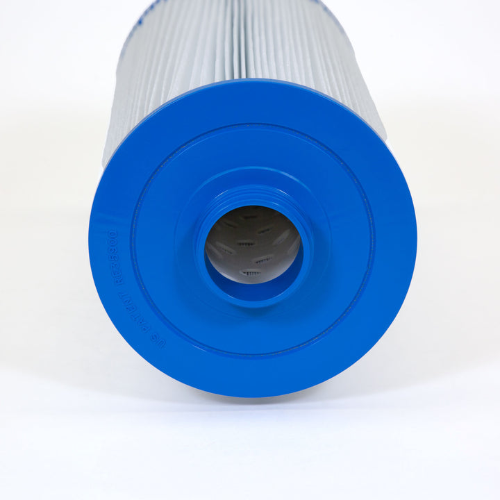 Cylindrical pool filter cartridge with a blue plastic end cap and white pleated filter material
