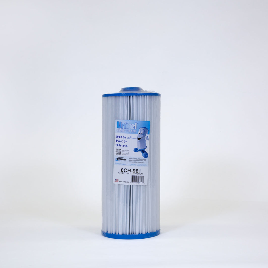 Tall cylindrical pleated pool filter cartridge with blue plastic caps on both ends and a blue and white label on front