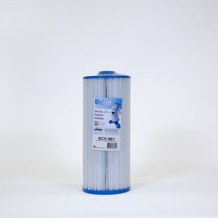 Tall cylindrical pleated pool filter cartridge with blue plastic caps on both ends and a blue and white label on front