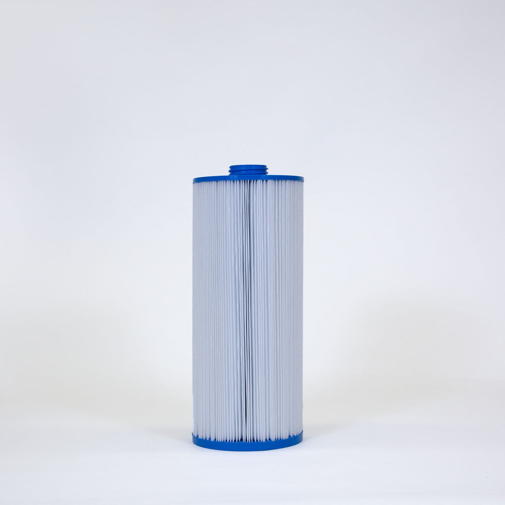 cylindrical pool filter cartridge with white pleated fabric and blue plastic end caps on a plain white background