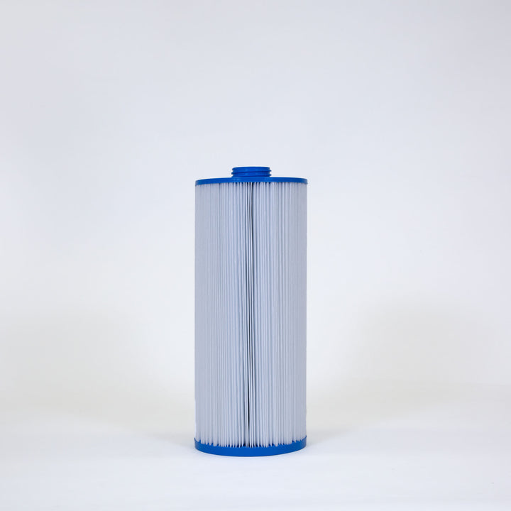 cylindrical pool filter cartridge with white pleated fabric and blue plastic end caps on a plain white background