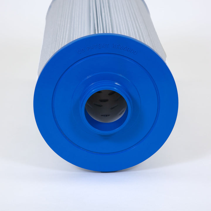 cylindrical white pleated pool filter cartridge with a bright blue plastic end cap and central opening