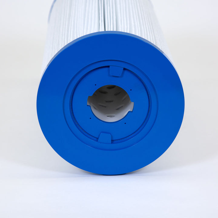 cylindrical pool filter cartridge with white pleated material and blue plastic end cap on one side